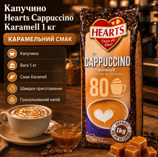 Капучино Hearts Cappuccino Karamell 1 кг швидкорозчинний кавовий напій з карамельним смаком - Фото 1 Капучино Hearts Cappuccino Karamell 1 кг швидкорозчинний кавовий напій з карамельним смаком - зображення 1