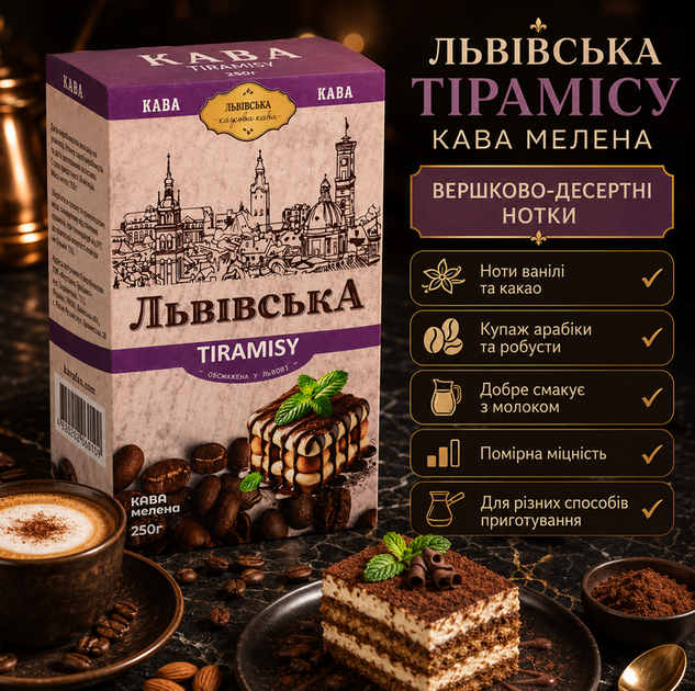 Кава мелена CaffeeFan Львівська Тірамісу 250 г ароматизована купаж арабіка робуста десертні нотки - Фото 1 Кава мелена CaffeeFan Львівська Тірамісу 250 г ароматизована купаж арабіка робуста десертні нотки - зображення 1