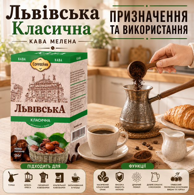 Кава мелена CaffeeFan Львівська Класична 250 г купаж арабіка робуста середнє обсмаження вакуумна упаковка - Фото 2 Кава мелена CaffeeFan Львівська Класична 250 г купаж арабіка робуста середнє обсмаження вакуумна упаковка - зображення 2