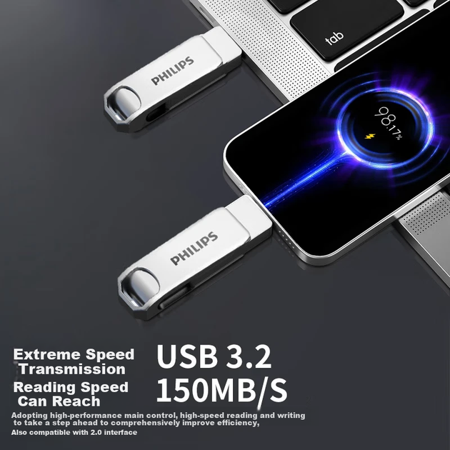 Флеш-накопитель PHILIPS 32 ГБ Type-C USB 3.2 с двойным интерфейсом, цвет 61UT-D, жемчужно-белый, высокая скорость чтения/записи, прочный USB-накопитель для бизнеса, офиса и кабинета. - зображення 5
