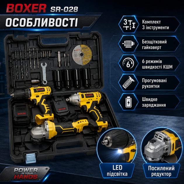 Набор аккумуляторных инструментов BOXER SR028 3в1 24 4 В с двумя аккумуляторами шуруповерт ударный гайковерт болгарка 125 мм в кейсе - изображение 3