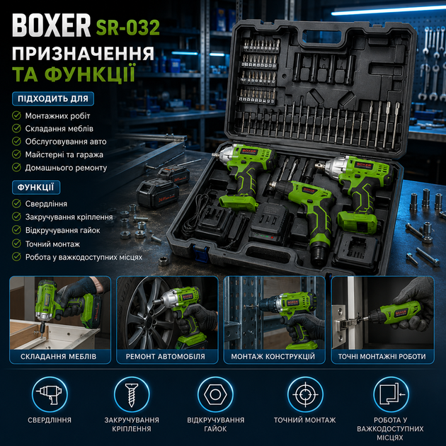 Набор аккумуляторных инструментов BOXER SR032 3в1 24 В с двумя аккумуляторами шуруповерт дрель ударный гайковерт аккумуляторная отвертка в кейсе - изображение 2