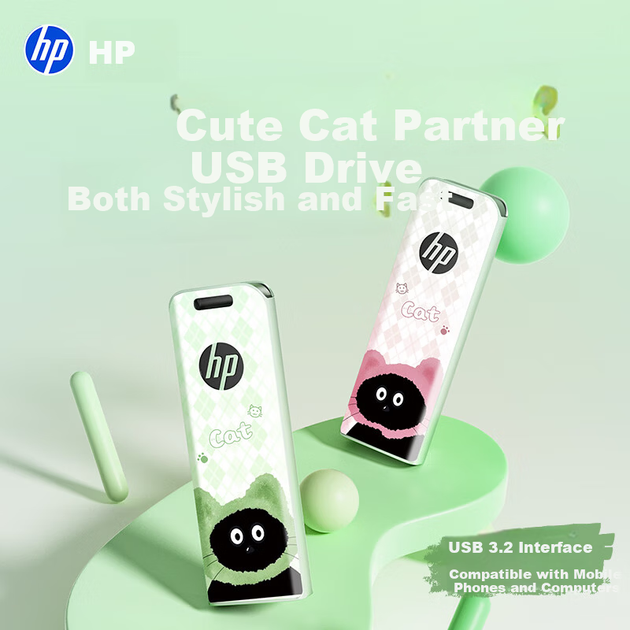 Флеш-накопитель HP 128 ГБ USB 3.2 Strawberry Meow, высокоскоростной металлический USB-накопитель, милый аксессуар для пары, для резервного копирования данных студентов и офиса, скорость до 230 МБ/с. - изображение 4
