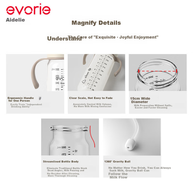 Дитяча пляшечка Evorie Exquisite Series Tritan з широким горлом, велика, 300 мл, молочний колір, абрикосово-білий (6-12 місяців+) - Фото 8 Дитяча пляшечка Evorie Exquisite Series Tritan з широким горлом, велика, 300 мл, молочний колір, абрикосово-білий (6-12 місяців+) - зображення 8