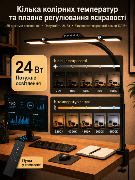 Настольная LED лампа с креплением - 96 светодиодов, 5 режимов яркости, бестеневое освещение, сенсор + пульт управления - изображение 3