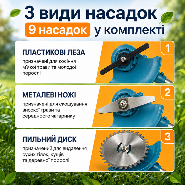 Триммер аккумуляторный для газона травы и кустов беспроводная газонокосилка триммер с 2 аккумуляторами набором ножей и пильным диском садовая косилка с регулируемой телескопической штангой - изображение 4