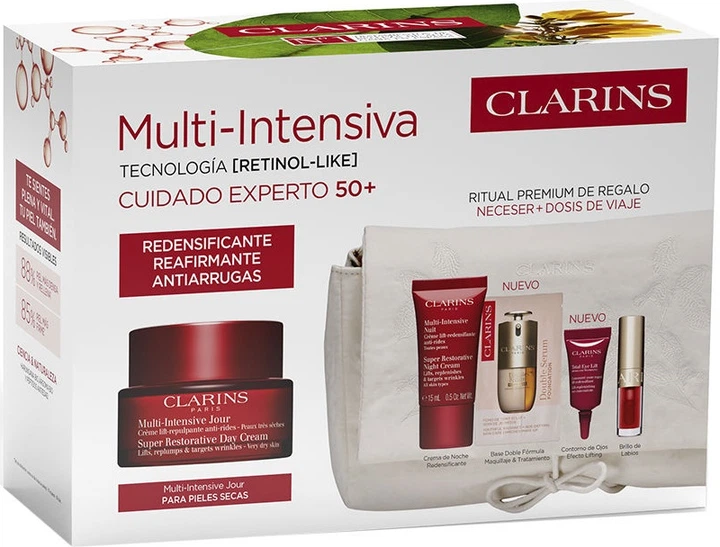 Zestaw do pielęgnacji twarzy Clarins Multi-Intensive do skóry suchej Krem na dzień 50 ml + Krem na noc 15 ml + Krem pod oczy 3 ml + Podkład do twarzy M1W 0.9 ml + Olejek do ust 08 Pitaya 1.4 ml + Kosmetyczka (3666057465925) - Zdjęcie 1 Zestaw do pielęgnacji twarzy Clarins Multi-Intensive do skóry suchej Krem na dzień 50 ml + Krem na noc 15 ml + Krem pod oczy 3 ml + Podkład do twarzy M1W 0.9 ml + Olejek do ust 08 Pitaya 1.4 ml + Kosmetyczka (3666057465925) - obraz 1
