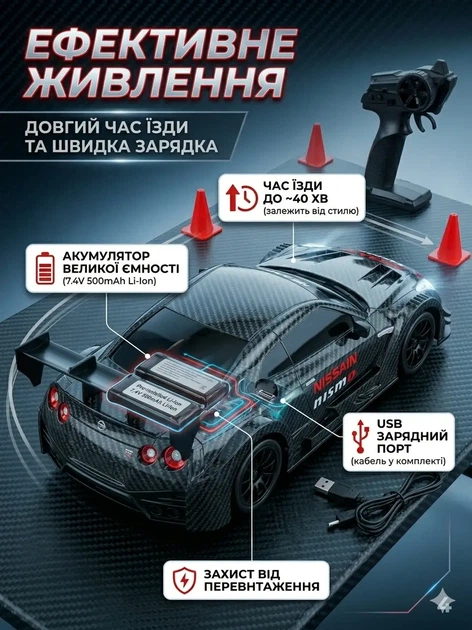 Радиоуправляемая дрифт машинка Nissan GTR R35 Drift Racing Car 1 14 31 см карбон с LED подсветкой и набором конусов и запасных шин для профессионального управления заносом на скорости 20 км ч 2 4 ГГц - изображение 3