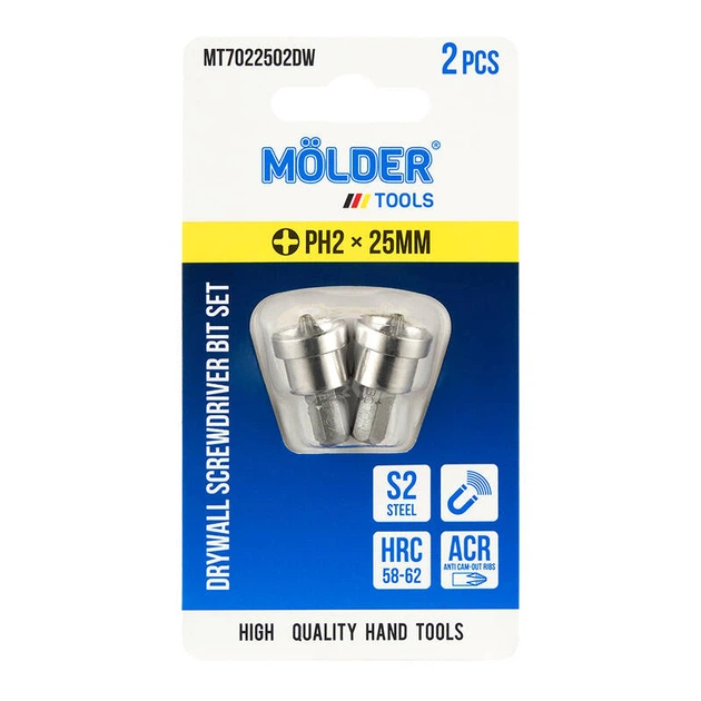 Набір біт з обмежувачем для гіпсокартону MOLDER, PH2x25мм, 2шт в блістері, - Фото 1 Набір біт з обмежувачем для гіпсокартону MOLDER, PH2x25мм, 2шт в блістері, - зображення 1