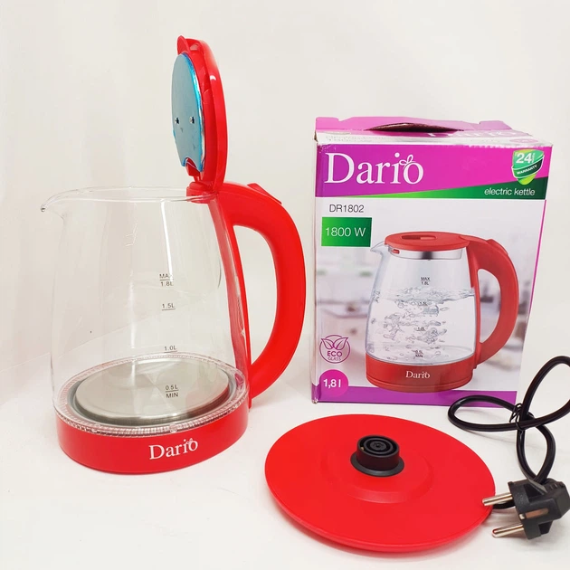 Електрочайник Dario DR1802 Red 1.8л, 1800 Вт, скло/пластик - зображення 3