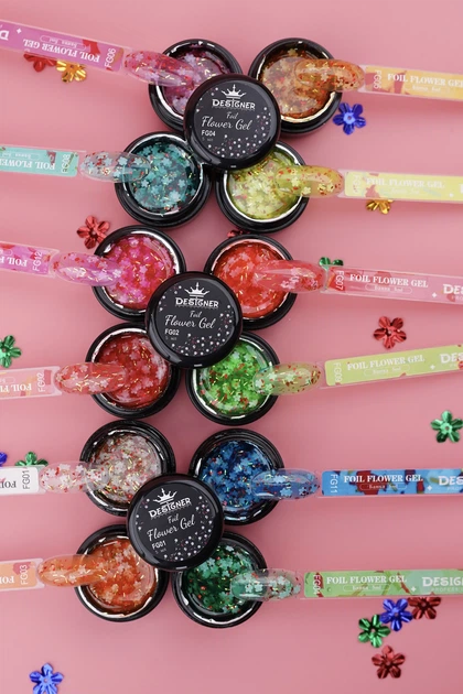 Гель с цветочками из фольги Foil flower gel (Малиновый FG06) Дизайнер 5 мл для декора ногтей - изображение 4