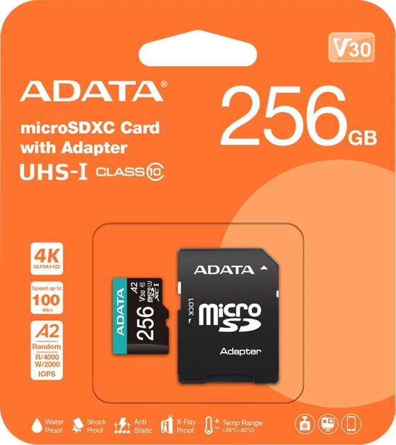 Карта памяти ADATA 256GB microSD 10 UHS-I U3 V30 A2 Premier Pro SD 6.0 (AUSDX256GUI3V30SA2-RA1) - изображение 4