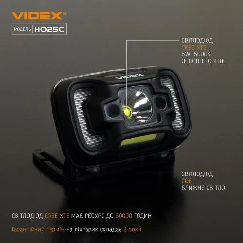 Ліхтар налобний Videx H025C, Black, 310 лм, 5000K, до 74 м, 7 режимів роботи, світлодіод CREE XTE 5W + COB, акумулятор (1800 mAh, незнімний), IP65, 96 г (VLF-H025C) - зображення 4