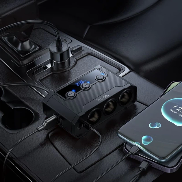 Автомобильное зарядное устройство Hoco Z64 с разветвителем 2x USB A + 2x USB C + 3 порта прикуривателя QC3.0 PD 240W Black (6942007671743) - изображение 6