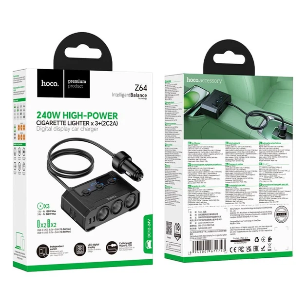 Автомобильное зарядное устройство Hoco Z64 с разветвителем 2x USB A + 2x USB C + 3 порта прикуривателя QC3.0 PD 240W Black (6942007671743) - изображение 8