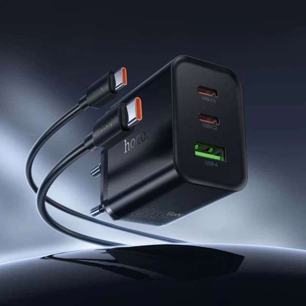 Сетевое зарядное устройство Hoco N75 2x USB-C + USB-A QC3.0 PD 65W + кабель USB-C Black (6942007673846) - изображение 7