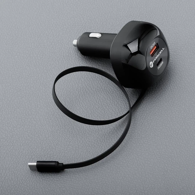 Автомобильное зарядное устройство Forcell F-Energy Alu USB C + USB A + выдвижной кабель USB C PD QC4.0 SFC2.0 3A 75W Black (5903396387470) - изображение 4