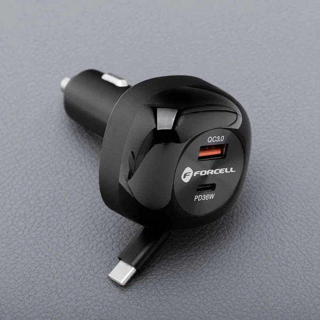 Автомобильное зарядное устройство Forcell F-Energy Alu USB C + USB A + выдвижной кабель USB C PD QC4.0 SFC2.0 3A 75W Black (5903396387470) - изображение 7