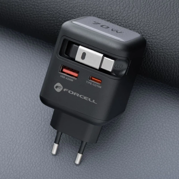 Зарядное устройство Forcell F-Energy GaN USB C + USB A + кабель USB C PD QC4.0 3A 70W Grey (5903396390838) - изображение 4
