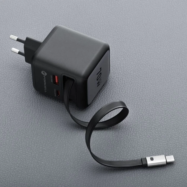 Зарядное устройство Forcell F-Energy GaN USB C + USB A + кабель USB C PD QC4.0 3A 70W Grey (5903396390838) - изображение 8