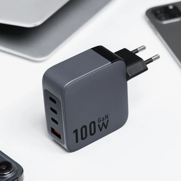 Сетевое зарядное устройство Forcell F-Energy GaN 3 x USB C + USB A QC4.0 PD 5A 100W Grey (5903396231421) - изображение 2