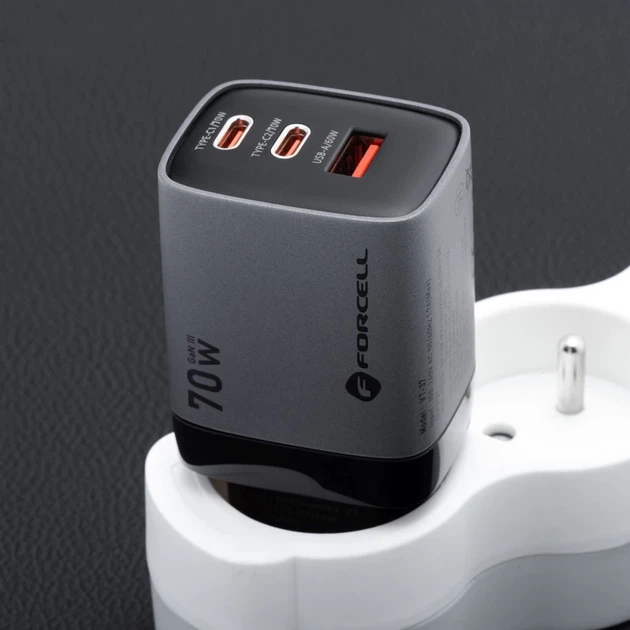 Зарядное устройство Forcell F-Energy GaN III 2 x USB C + USB A QC4.0 3,45A PD 70W Grey (5903396299070) - изображение 7