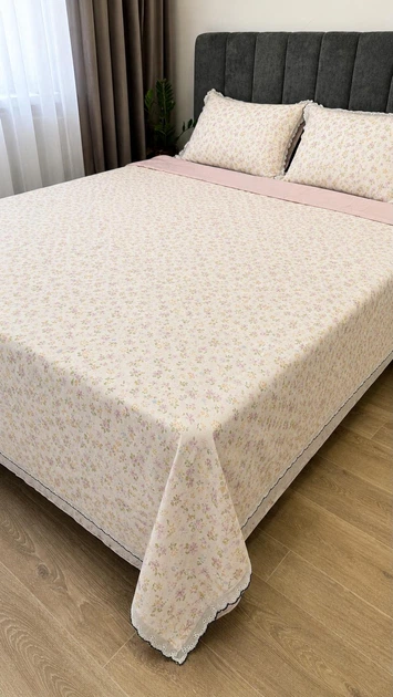 Комплект постельного белья Mency Home Collection из вареного хлопка Евро 200×230 см с кружевом, бело-розовый с цветами - Фото 5 Комплект постельного белья Mency Home Collection из вареного хлопка Евро 200×230 см с кружевом, бело-розовый с цветами - изображение 5