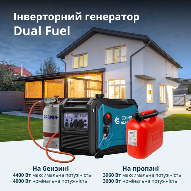 Генератор інверторний газобензиновий 4.4 кВт LED-дисплей, USB та 12В виходи, бензин або газ, тихий 66 дБ, для дому, виїзних заходів Könner&Söhnen KS 4000iEG S - зображення 2
