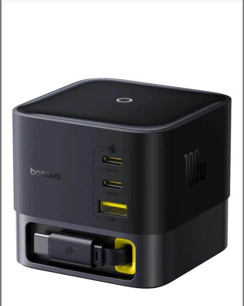 Мережевий зарядний пристрій Baseus Super GaN Desktop Charger 100W 3×USB-C USB-A вбудований кабель Type-C Black - изображение 2