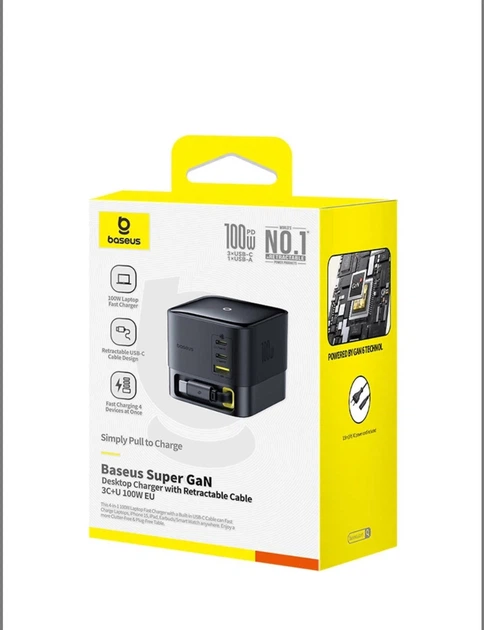 Мережевий зарядний пристрій Baseus Super GaN Desktop Charger 100W 3×USB-C USB-A вбудований кабель Type-C Black - изображение 6