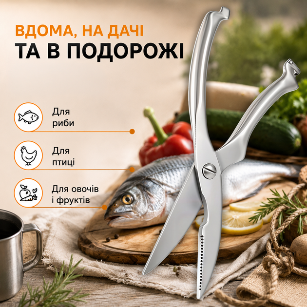 Ножницы кухонные универсальные ножницы для рыбы пиццы зелени мяса птицы овощей профессиональные кухонные ножницы с нержавеющей стали для костей и хрящей Silver Kayfovo KSc-1 - изображение 3
