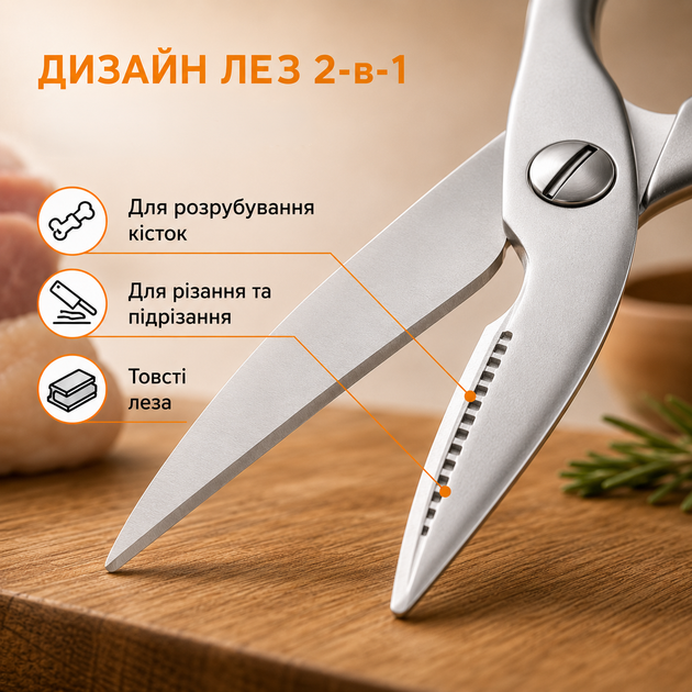 Ножницы кухонные универсальные ножницы для рыбы пиццы зелени мяса птицы овощей профессиональные кухонные ножницы с нержавеющей стали для костей и хрящей Silver Kayfovo KSc-1 - изображение 5