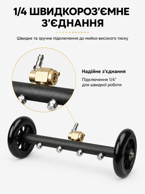 Мийка днища авто насадка високого тиску 2в1 для миття бруківки 4000 PSI підключення 1/4 4 форсунки з колесами для очищення автомобіля ходової арок підвіски ( В комплекті перехідник на Karcher ) колір чорний - Фото 11 Мийка днища авто насадка високого тиску 2в1 для миття бруківки 4000 PSI підключення 1/4 4 форсунки з колесами для очищення автомобіля ходової арок підвіски ( В комплекті перехідник на Karcher ) колір чорний - зображення 11