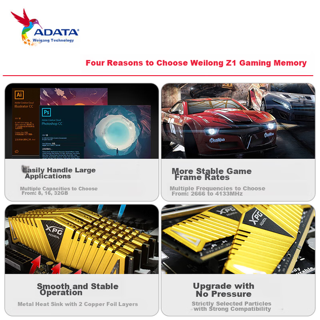 Пам'ять ADATA XPG Weilong Z1 DDR4 3200 8 ГБ Gold для настільних комп'ютерів *2 - Фото 7 Пам'ять ADATA XPG Weilong Z1 DDR4 3200 8 ГБ Gold для настільних комп'ютерів *2 - зображення 7