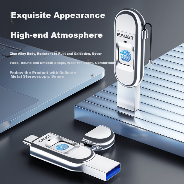 USB-накопичувач EAGET 256 ГБ типу C USB 3.0 із зашифрованим відбитком пальця, подвійний інтерфейс FU68 для телефону та комп'ютера, подвійне використання, високошвидкісний флеш-накопичувач із захистом конфіденційності - зображення 6