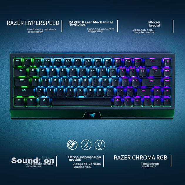 Беспроводная клавиатура Razer BlackWidow V3 Mini Spectre, механическая игровая клавиатура, 68 клавиш, беспроводная Bluetooth-клавиатура, RGB-подсветка, желтые переключатели. - изображение 5