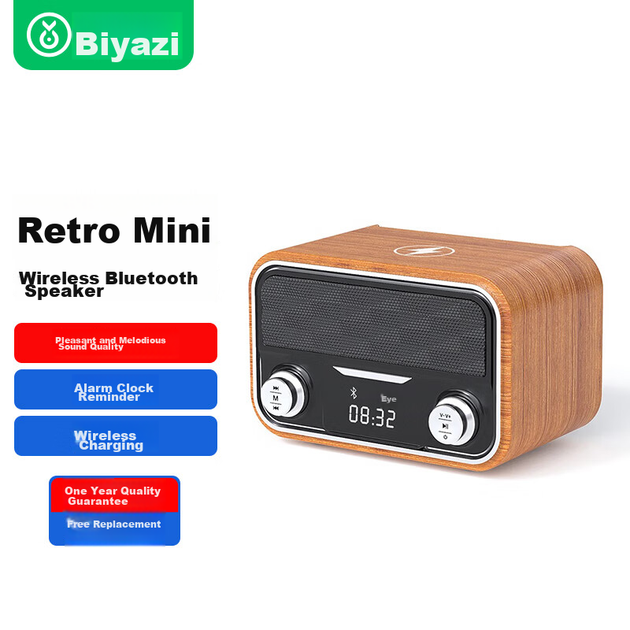 Bluetooth-колонка BIAZE с беспроводной зарядкой для телефона, ретро-дизайн под дерево, мини, с радио - изображение 2