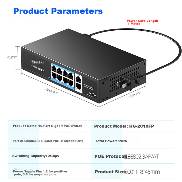 Коммутатор Huigu HG-2010FP на 10 портов: 8 гигабитных PoE и 2 гигабитных, для камер видеонаблюдения - изображение 4