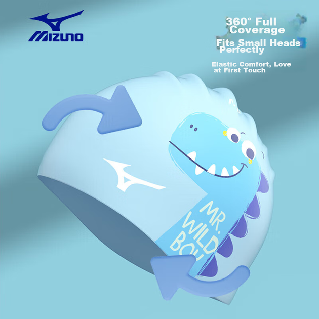 Детская шапочка для плавания MIZUNO для мальчиков, силиконовая, водонепроницаемая, с защитой ушей, модель N2CW2S08, синий динозавр - изображение 9