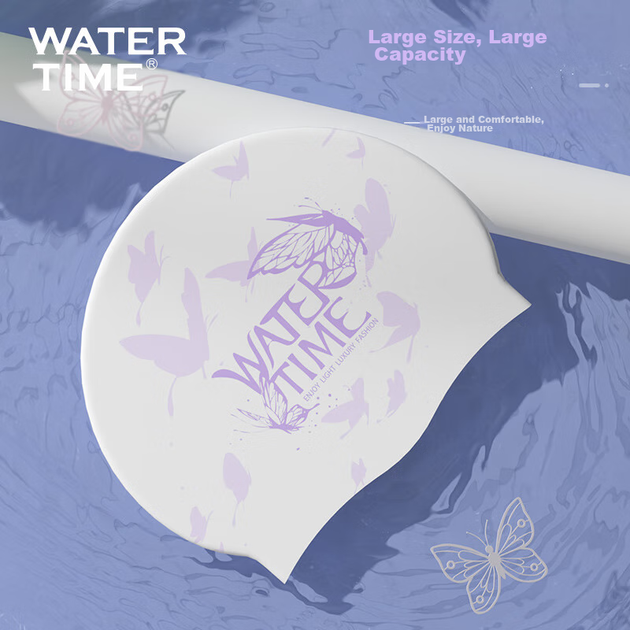 WATERTIME / Shuichuan Женская силиконовая водонепроницаемая шапочка для плавания с длинными волосами, с широкими ушами, не сдавливает, бережно относится к волосам, угольно-черная - изображение 8