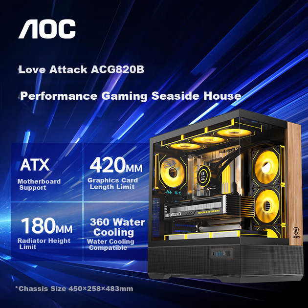 Игровой корпус AOC AICG820B "Морской вид", отделка под дерево, система вентиляции, поддержка материнских плат ATX, два места для 360-мм радиаторов, пять отсеков для жестких дисков, разъём Type-C. - изображение 5