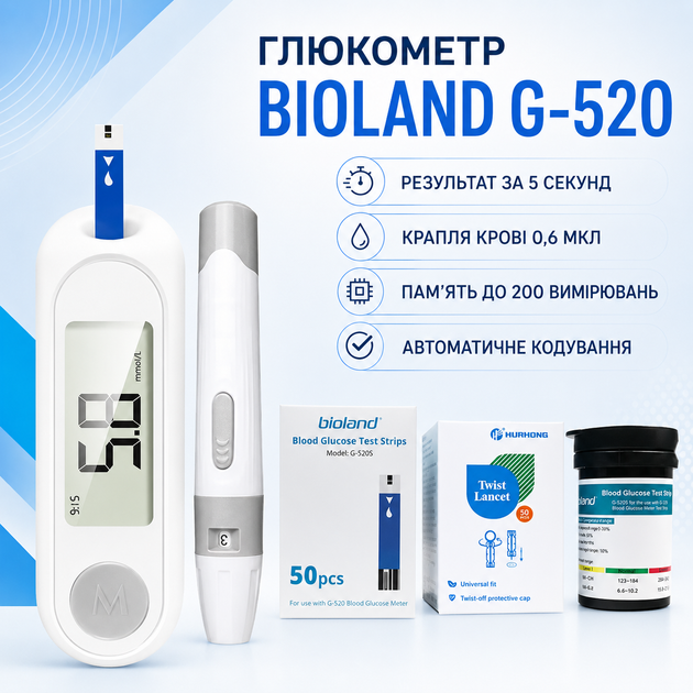Апарат для вимірювання цукру Глюкометр Bioland G-520 - Фото 2 Апарат для вимірювання цукру Глюкометр Bioland G-520 - изображение 2