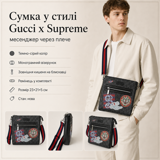 Сумка в стиле Gucci x Supreme черная 23×21×5 см - мессенджер через плечо с ремешком и брюшком в комплекте - Фото 2 Сумка в стиле Gucci x Supreme черная 23×21×5 см - мессенджер через плечо с ремешком и брюшком в комплекте - изображение 2