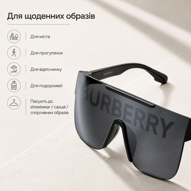 Солнцезащитные очки Burberry черные с темной цельной линзой - унисекс маска с надписью Burberry - изображение 3