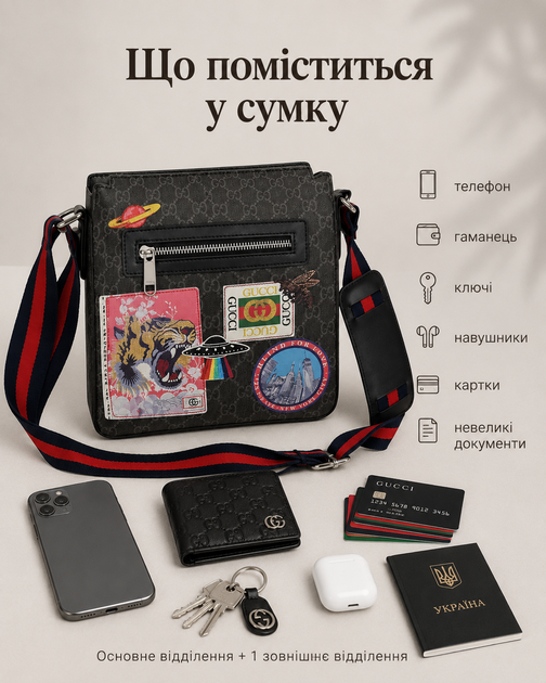 Сумка Gucci x Supreme Soft GG Messenger темно-серая мужская - мессенджер через плечо с принтом GG, патчами и ремешком, 25х22х6 см - изображение 3