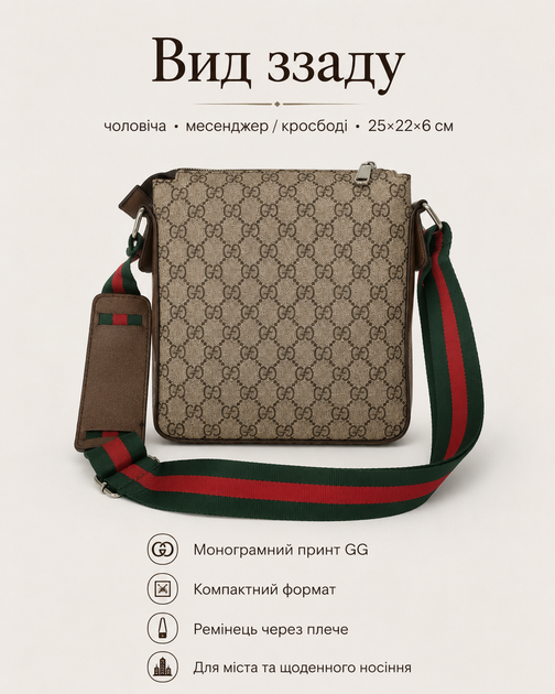 Сумка Gucci x Supreme Soft GG Messenger мужская - мессенджер через плечо с принтом GG, патчами и ремешком, 25х22х6 см - изображение 2