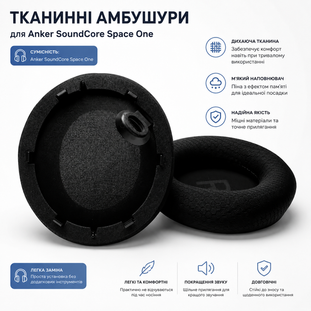 Амбушюры сетчатые тканевые для наушников Anker Soundcore Space One black черные - изображение 3