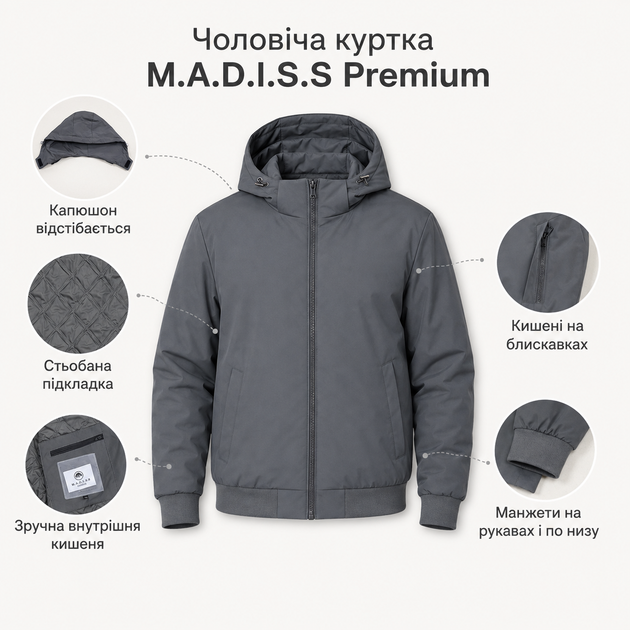 Куртка M.a.d.i.s.s. чоловіча демісезонна великих розмірів з капюшоном,Сірий, 7XL - Фото 8 Куртка M.a.d.i.s.s. чоловіча демісезонна великих розмірів з капюшоном,Сірий, 7XL - зображення 8