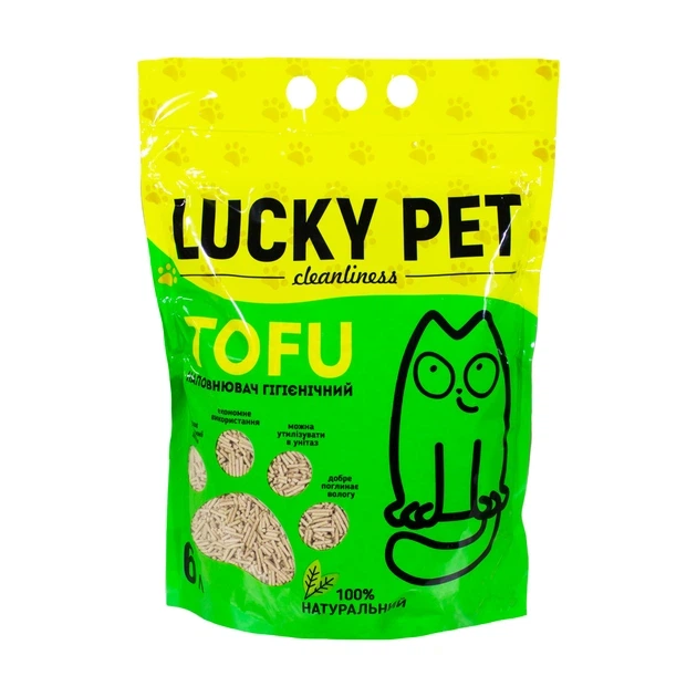Наповнювач Lucky Pet з тофу для котячого туалету гіпоалергений, 6 л - Фото 1 Наповнювач Lucky Pet з тофу для котячого туалету гіпоалергений, 6 л - зображення 1