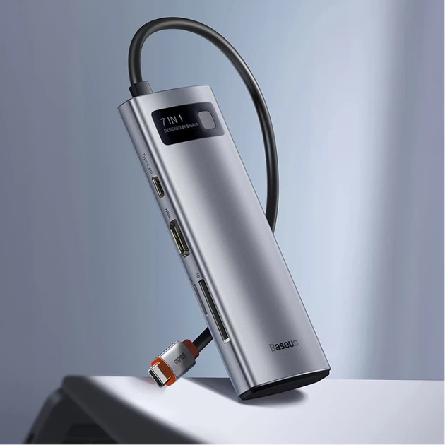 USB-хаб Baseus Metal Gleam Multifunctional 7-in-1 USB-C to 2xUSB-A/2xUSB-C/HDMI/SD/TF Grey (WKWG020113) - зображення 12